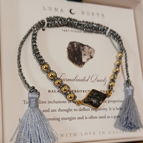 LUNA NORTE NATURAL TOURMALINATED QUARTZ GEMSTONES W/ TASSELS ADJUSTABLE STRING - Picture 3 of 12